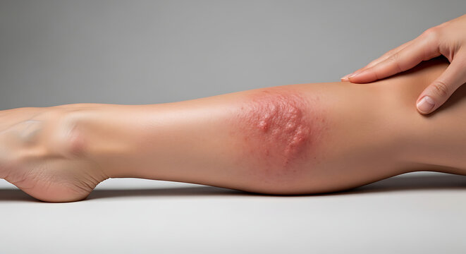 Severe allergic reaction or skin rash on a womans lower leg, featuring red, swollen, and bumpy irritated skin