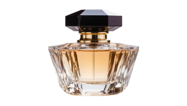 Elegant faceted glass perfume bottle with golden accents and black cap, isolated on transparent background