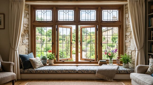 Cozy window seat with garden view in a rustic stone cottage