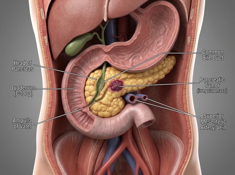 Coronal Cross-Section of Upper Abdomen &ndash; Pancreatic Head Tumor with Duodenum and Bile Duct, Anatomical 3D Render


