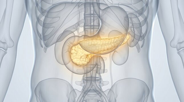 Glowing Pancreas Anatomy Behind Stomach &ndash; Translucent Torso Anterior Oblique View, Medical 3D Render