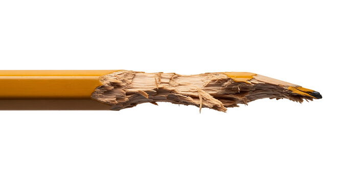 Close up of a chewed and heavily damaged yellow wooden pencil