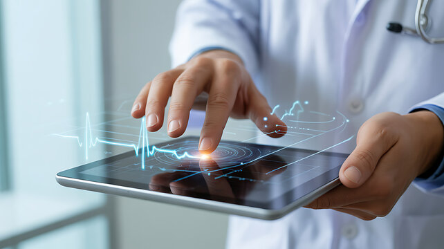 A doctor uses tablet and stylus to review digital patient profiles, health checklists and vital signs, AI driven diagnosis, medical data analysis, smart healthcare technology and clinical innovation. 