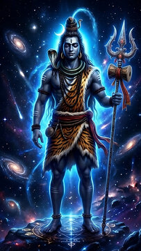 Lord Shiva stands in a cosmic meditation pose while holding his divine trident against a backdrop of swirling galaxies and distant stars.