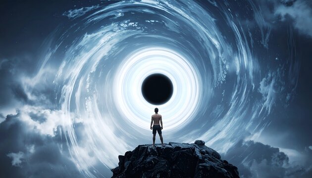 A person gazes at a colossal black hole vortex amidst celestial swirls and ethereal clouds