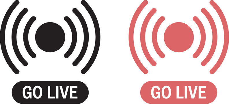 Go live streaming icons set with broadcast signal and recording button isolated vector icons representing online transmission, live recording and real time media communication systems.