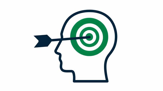 Minimalist Vector Illustration of a Human Head Profile with a Green Target Bullseye and Arrow Pointing to the Mind Isolated on White Background.