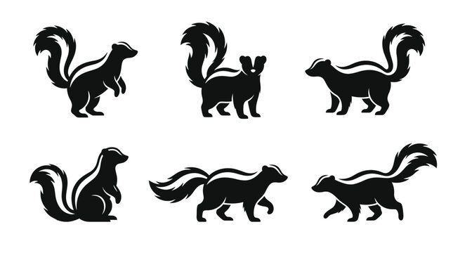 different black skunk silhouettes on a clean white background, minimalist vector style.