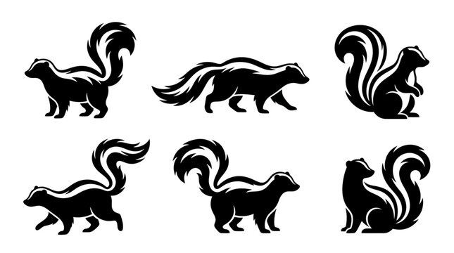 different black skunk silhouettes on a clean white background, minimalist vector style.