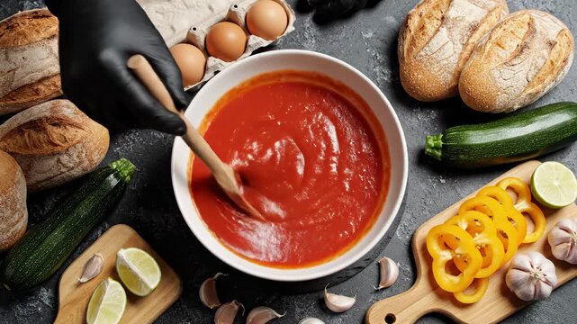 Chef in Black Gloves Stirring Fresh Tomato Sauce in a White Bowl Surrounded by Bread, Vegetables, and Ingredients on Dark Stone Background.