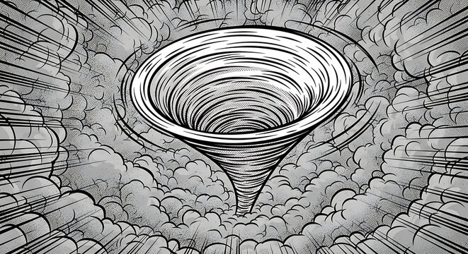 Black and white pop art style illustration of a massive tornado vortex spinning amidst dramatic clouds with motion blur lines