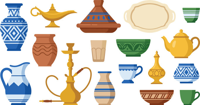 Traditional Arabic and Moroccan pottery elements vector set featuring tagine hookah magic lamp vase and ceramic tableware