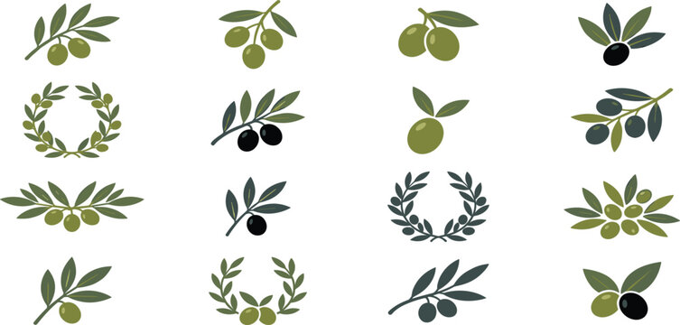 Olive Branch and Wreath Vector Icon Set with Mediterranean Green and Black Olive Sprigs for Extra Virgin Oil Branding Cosmetics and Food Packaging Designs