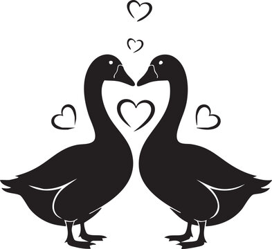 Two black ducks facing each other with floating red heart symbols above red hearts