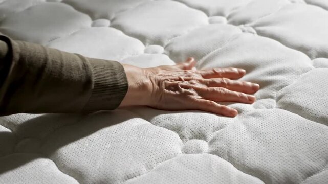 Close-up of an Elderly Person's Hand Resting on a Soft White Quilted Mattress, Highlighting Texture and Comfort.
