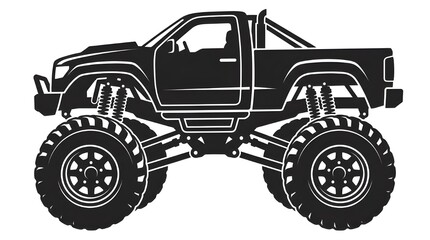 Obraz premium Black and white vector silhouette of an extreme off-road monster truck with giant wheels and high suspension system isolated on a white background.
