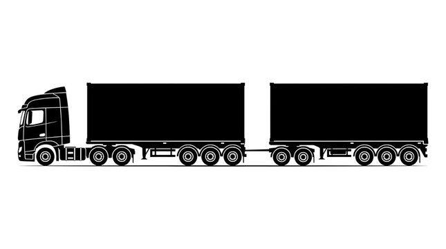 Minimalist vector silhouette of a long commercial semi truck towing two large shipping containers for global freight and logistics transport