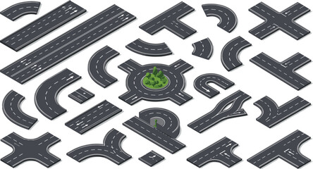 Isometric road elements constructor set with highway streets crossroad junctions roundabout forks and turns vector vector illustration © Jasmin