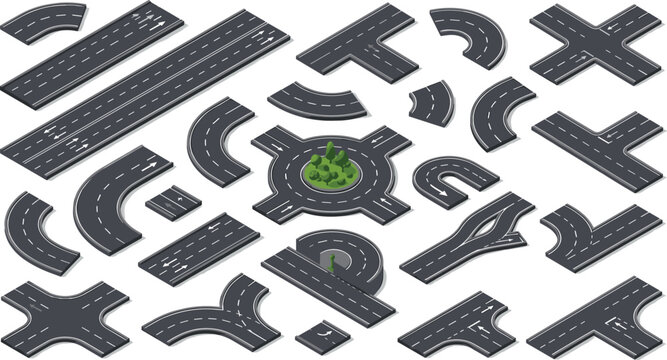 Isometric road elements constructor set with highway streets crossroad junctions roundabout forks and turns vector vector illustration