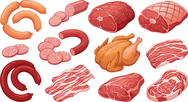 Raw meat and sausage products vector illustration set featuring beef steak pork bacon salami ham and whole chicken