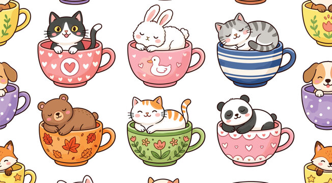  Cute baby animals in teacups seamless pattern vector illustration featuring cartoon kittens puppy rabbit bear and panda