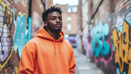 Obraz premium A young Black man with a beard and short dreadlocks wearing an orange hoodie stands in an alleyway with graffiti on the walls.