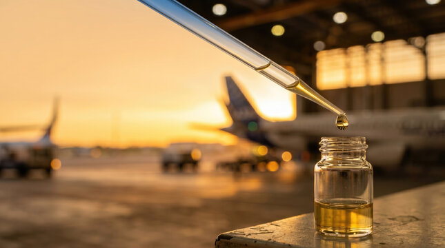 Pre-flight aviation fuel purity test and contamination check on airport runway at sunset