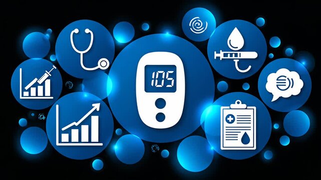 Medical icons and digital blood glucose meter display health analysis