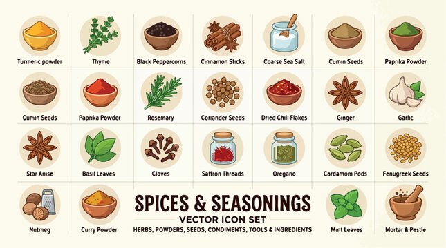 Culinary Spices and Seasonings Vector Icon Set, Collection of 28 Herb and Powder Illustrations, Kitchen Condiments and Cooking Ingredients Graphic