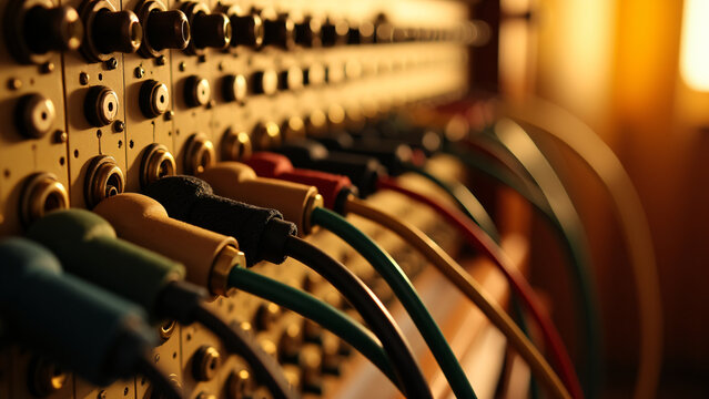 Vintage Audio Patch Panel with Connected Colorful Cables
