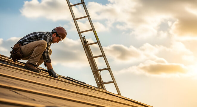 A construction worker installing roofing materials on a house with a ladder