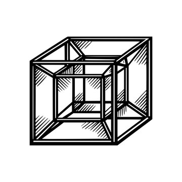 Tesseract Illusion: A geometric illustration depicting a tesseract, an abstract representation of a four-dimensional hypercube, symbolizing complexity and advanced concepts.