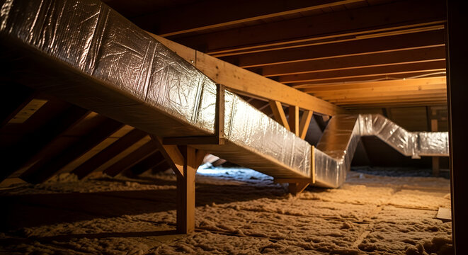 A dimly lit attic space with exposed wooden beams and insulation