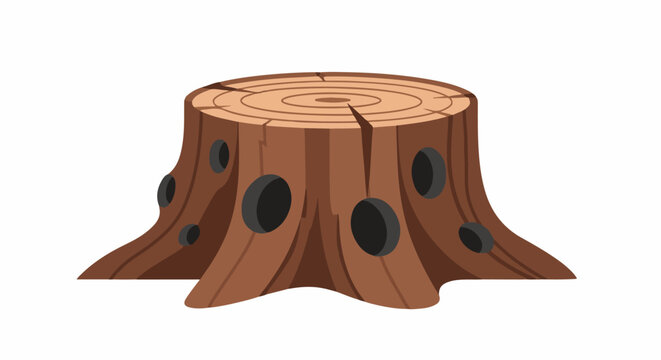 Cartoonish brown tree stump with rings, cracks, and dark holes