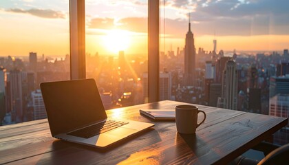 Plakat Laptop, coffee, and city skyline view from a high-rise office at sunset