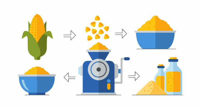 Corn processing diagram from cob to flour and oil