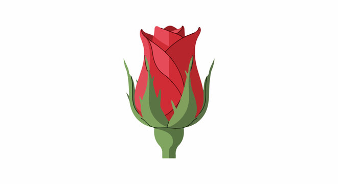 Close-up, stylized illustration of a single red rosebud with green sepals