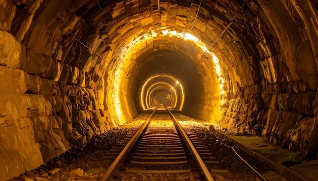 A long train tunnel with tracks stretching into the light, highlighting the rock textures