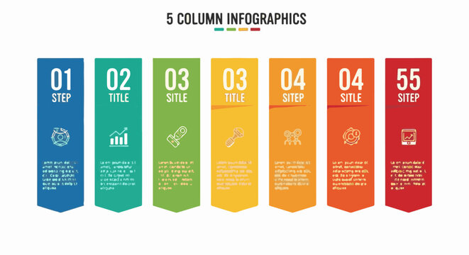 Colorful infographic with 5 vertical columns, each with a number and icon