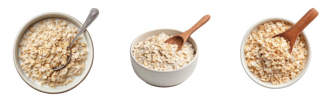 Set of Warm creamy oatmeal served in a simple white bowl, subtle steam, high detail texture, clean composition transparent png background. Ai generated