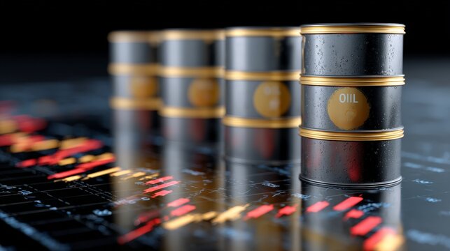 Oil barrels arranged on a trading platform with price graphs displayed on the screen in a business setting