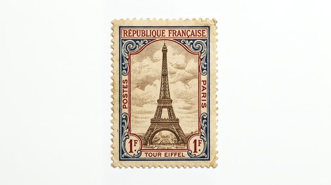 Vintage French postage stamp featuring the iconic Eiffel Tower in Paris, a symbol of heritage and historical communication, presented with intricate philatelic detail