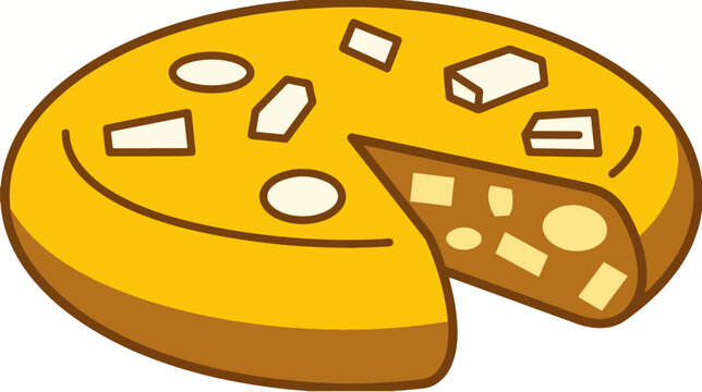 Cartoon illustration of a yellow pizza with a slice missing, showing toppings