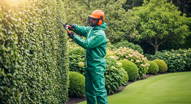 Man in green protective suit trimming a tall hedge with pruning shears in a well manicured garden on a sunny day with trees and shrubs