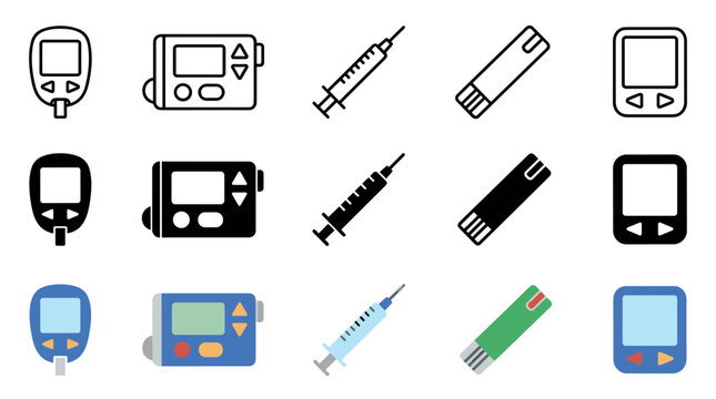 Diabetes medical devices icons set for healthcare management, featuring glucometers, insulin pumps, syringes, and test strips in outline, solid, and colored styles.
