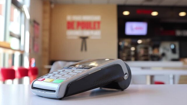Customer using contactless nfc payment with a smartphone on a pos terminal in a restaurant, a modern and convenient way to pay for a fast food order