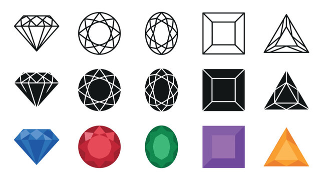 Various gemstones, jewels, and diamonds in different cuts are presented as outline, solid, and colorful faceted vector illustrations.