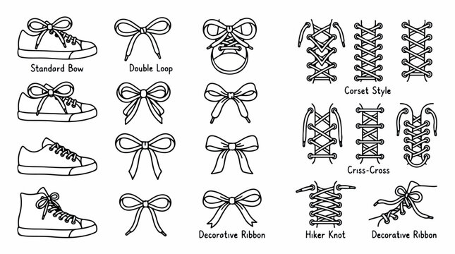 Minimalist shoe lacing guide vector set, black and white sneaker lace icons, decorative ribbon and corset style knots for footwear