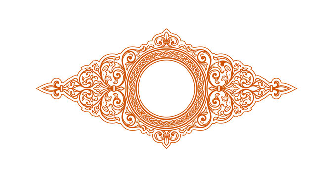 Vintage ornamental frame vector, elegant orange filigree border with circular center, classic baroque scrollwork design for luxury branding