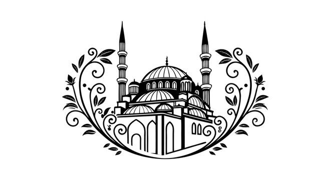 Islamic mosque vector illustration with floral frame, black and white masjid building icon, elegant religious architecture emblem for ramadan and eid